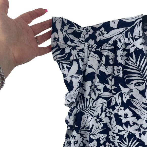 St. John's Bay Linen Ruffled Sleeveless Blouse 3X Blue White Tropical Hawaiian - Picture 6 of 10